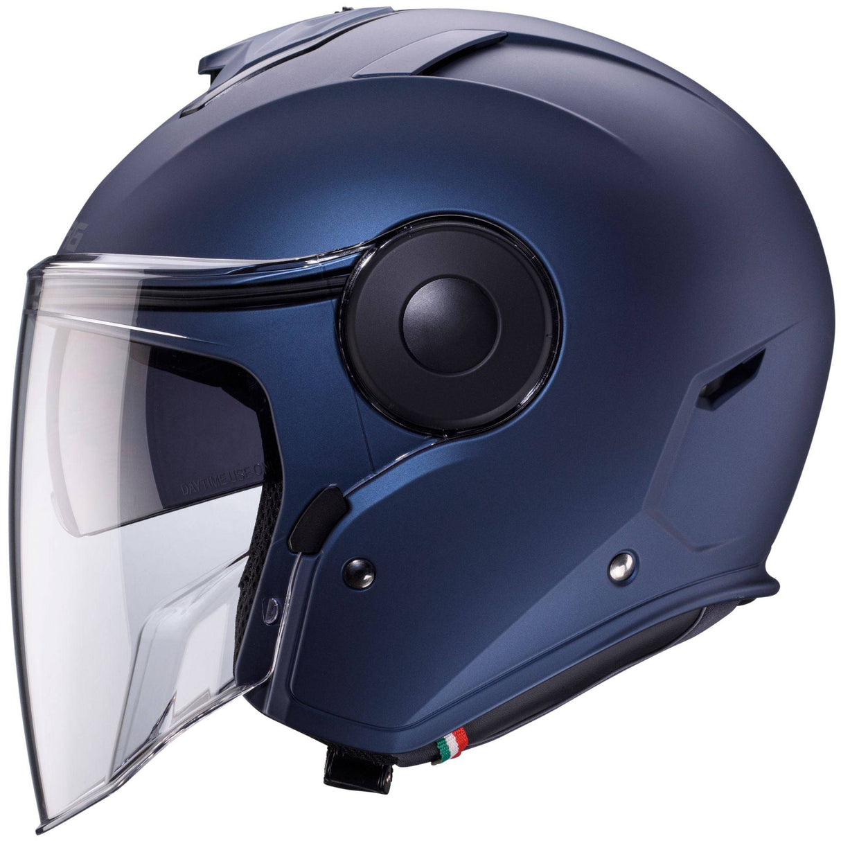 Matt-blauer Jethelm von Caberg Soho mit klarem Visier und komfortabler Passform, stilvoller Schutz für Motorradfahrer.