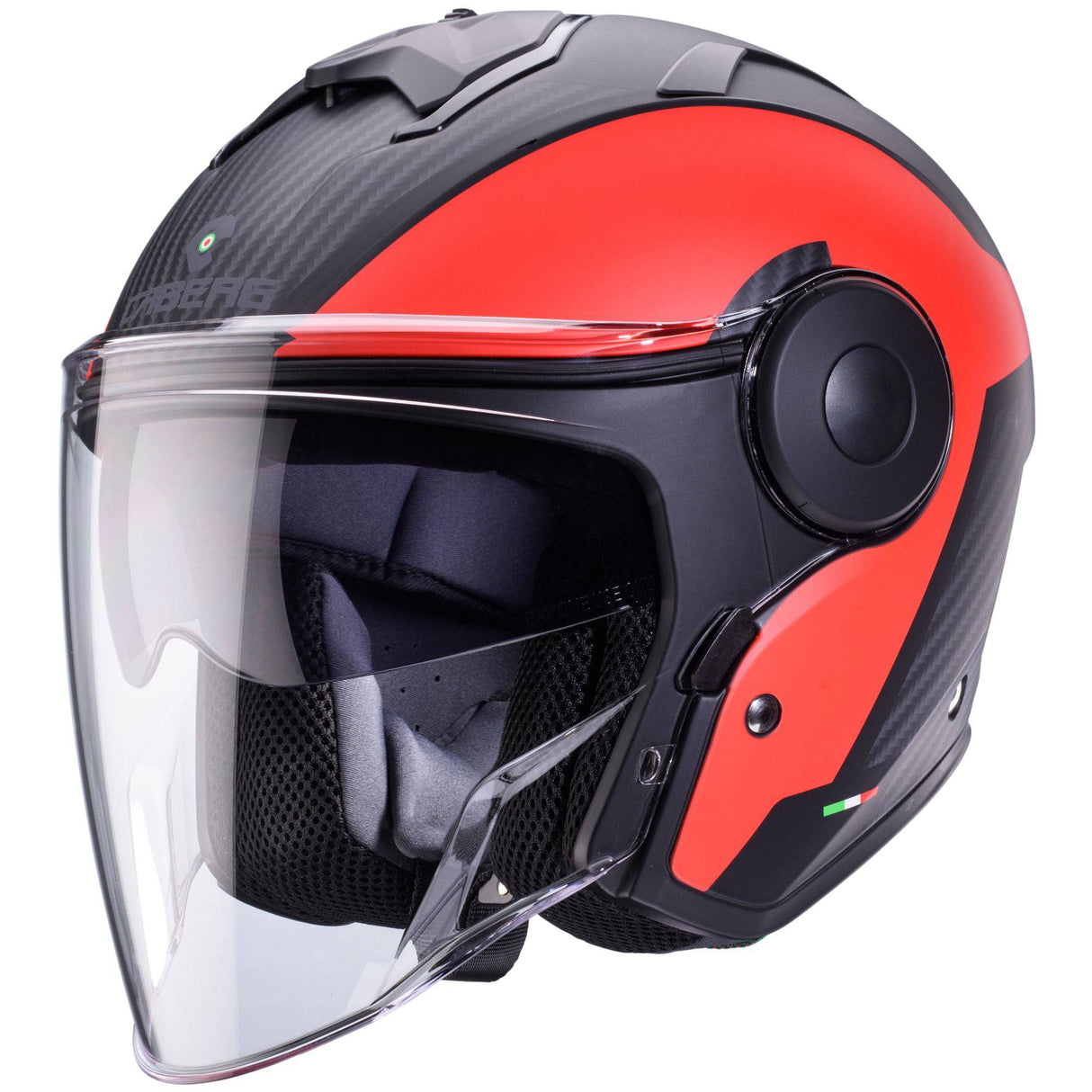 Schwarz-rote Jethelm Caberg Soho Milano mit mattem Finish, sichtbares Visier und komfortabler Passform.