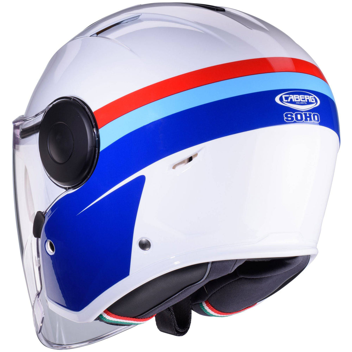 Caberg Jethelm Soho Zephir in Weiß, Blau und Rot mit klarer Visier, leichter und sicherer Motorradhelm.
