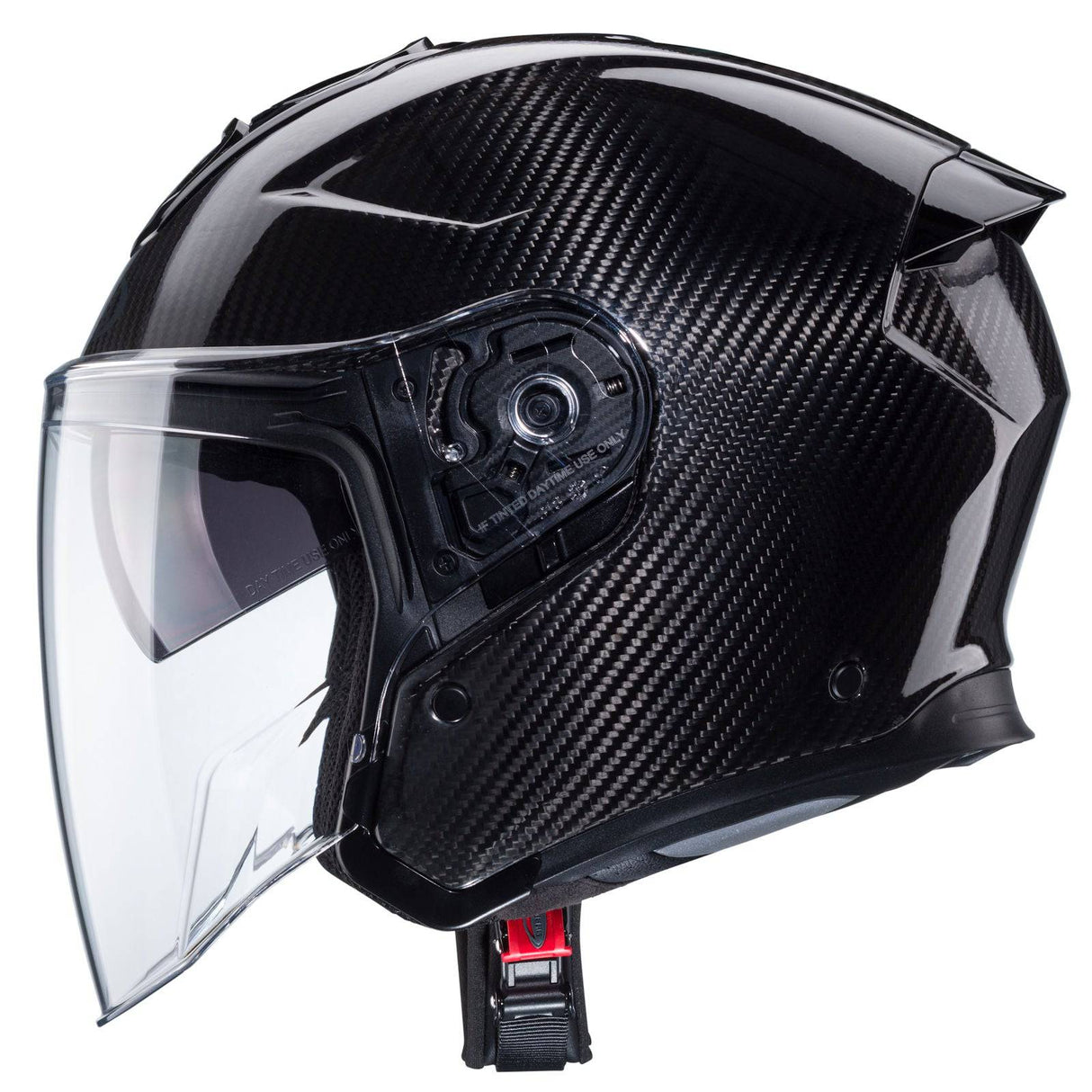 Schwarzer Jethelm Caberg Flyon II Carbon mit aerodynamischem Design und Belüftungssystem, Blick auf das Visier und Belüftungsöffnungen.