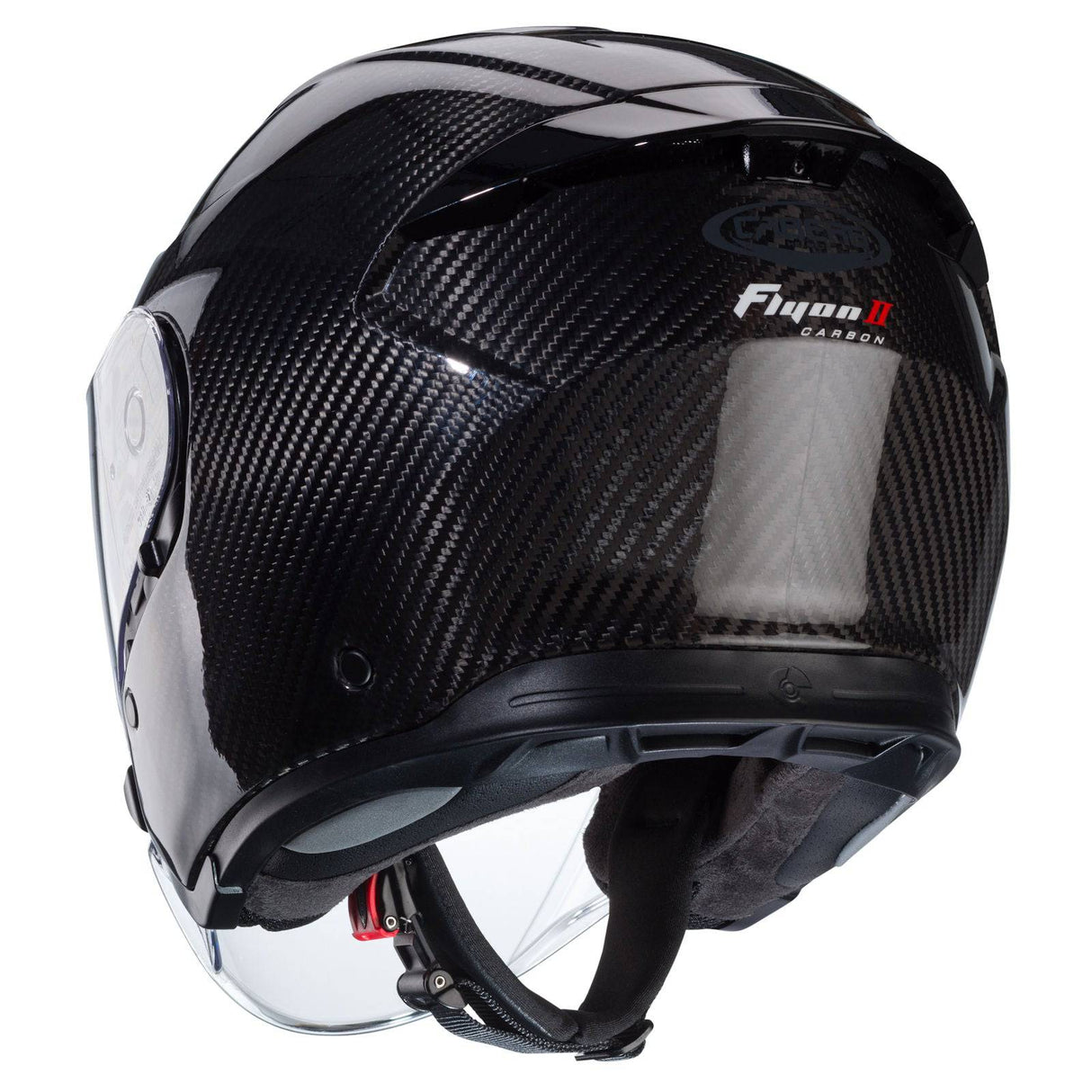 Schwarzer Caberg Flyon II Carbon Jethelm mit glänzender Carbon-Optik und aerodynamischem Design, Blick auf Visier und Belüftungsöffnungen