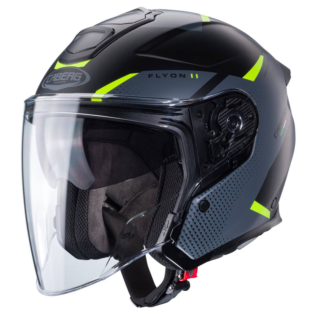 Schwarze und graue Jethelm von Caberg Flyon II Boss mit mattem Finish, reflektierenden gelben Akzenten, Blick auf das Helminneres.