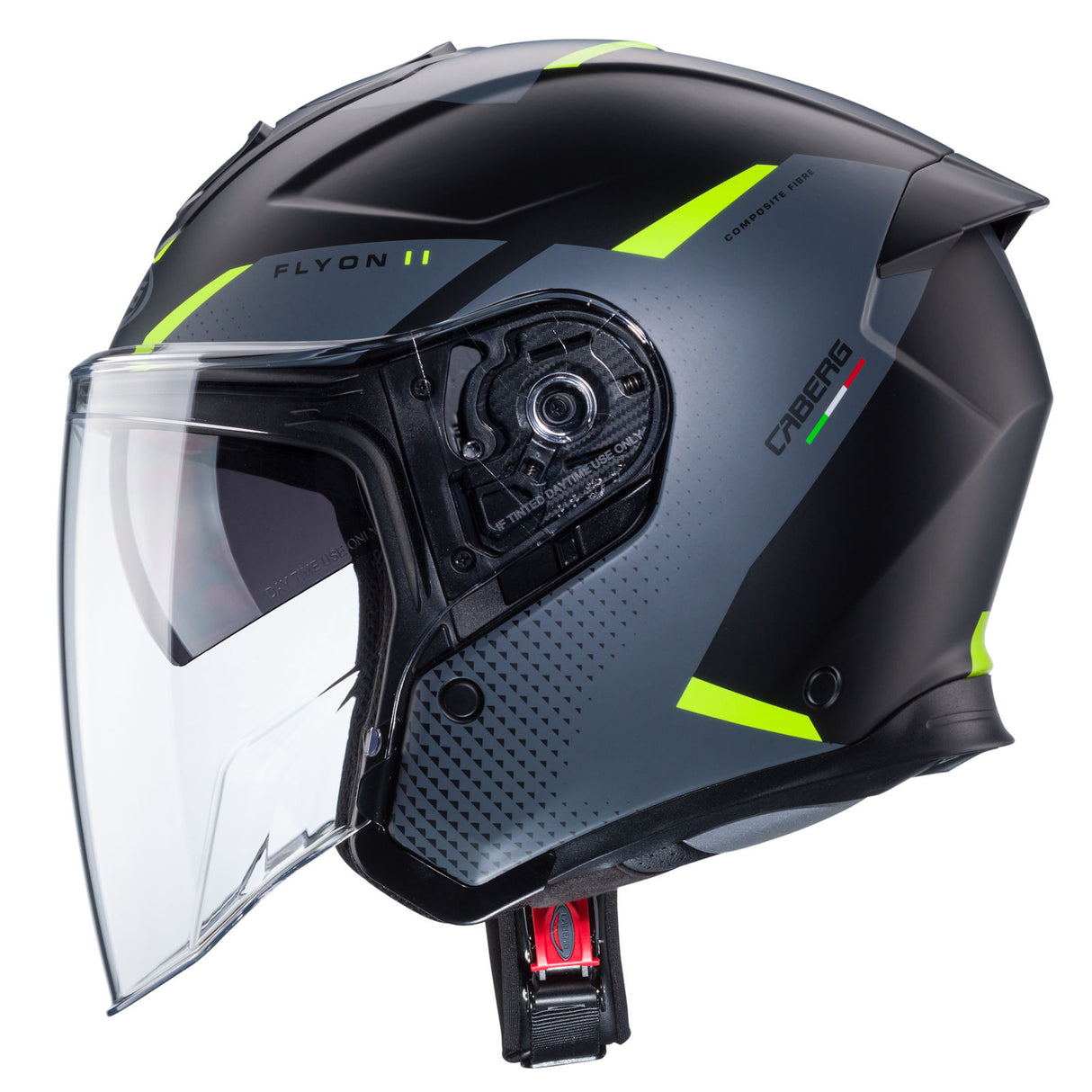 Schwarz-graue Caberg Jethelm Flyon II Boss mit mattem Finish, fluoreszierendem Gelb und komfortabler Passform.