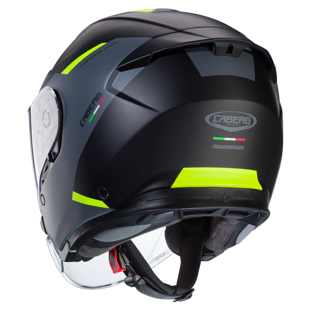 Schwarz-graue matt Caberg Flyon II Boss Jethelm mit Gelb- und Fluo-Akzenten, Sichtfenster und Belüftungsöffnungen.