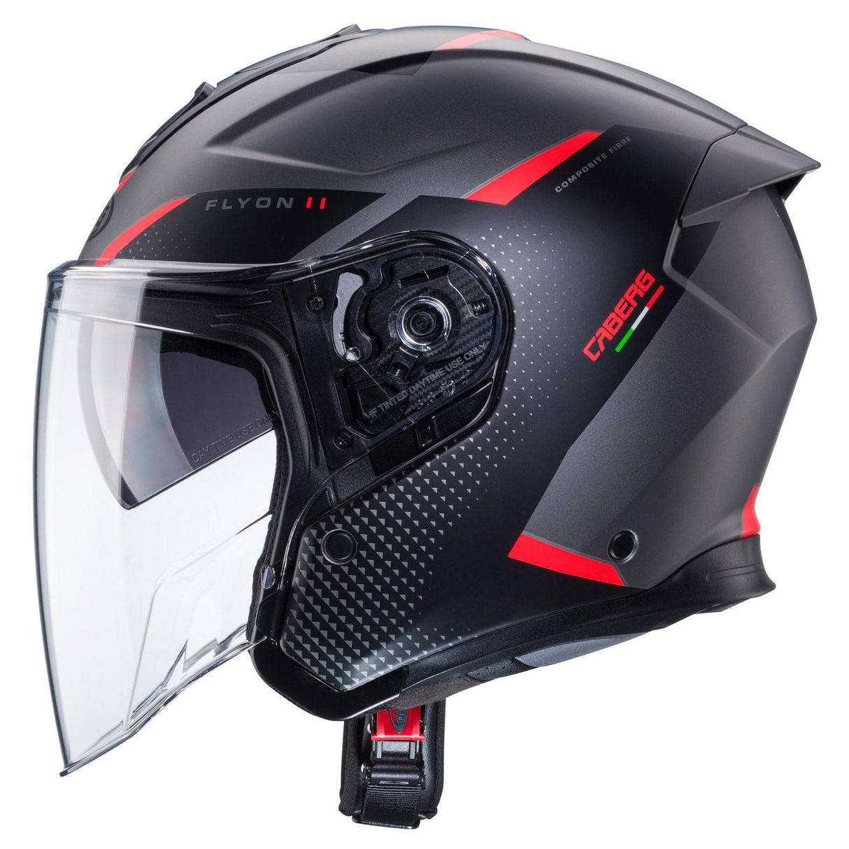 Graue und rote Caberg Jethelm Flyon II Boss mit mattem Finish, aerodynamisches Design, sichtbare Belüftungsöffnungen, komfortabler Innenraum