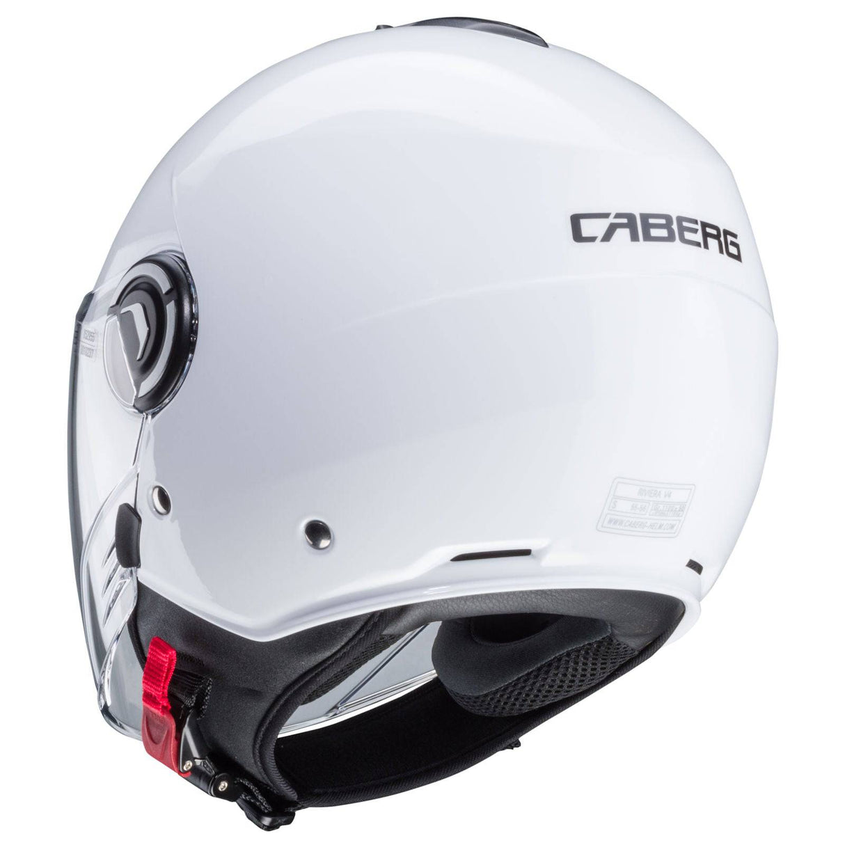 Weißer metallicer Jethelm Riviera V4 X von Caberg mit klarem Visier und aerodynamischem Design.