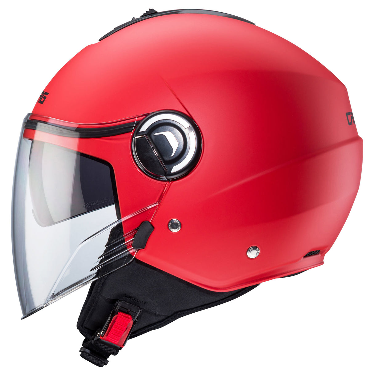 Mattrote Jethelm von Caberg Riviera V4 X mit klarem Visier und aerodynamischem Design.