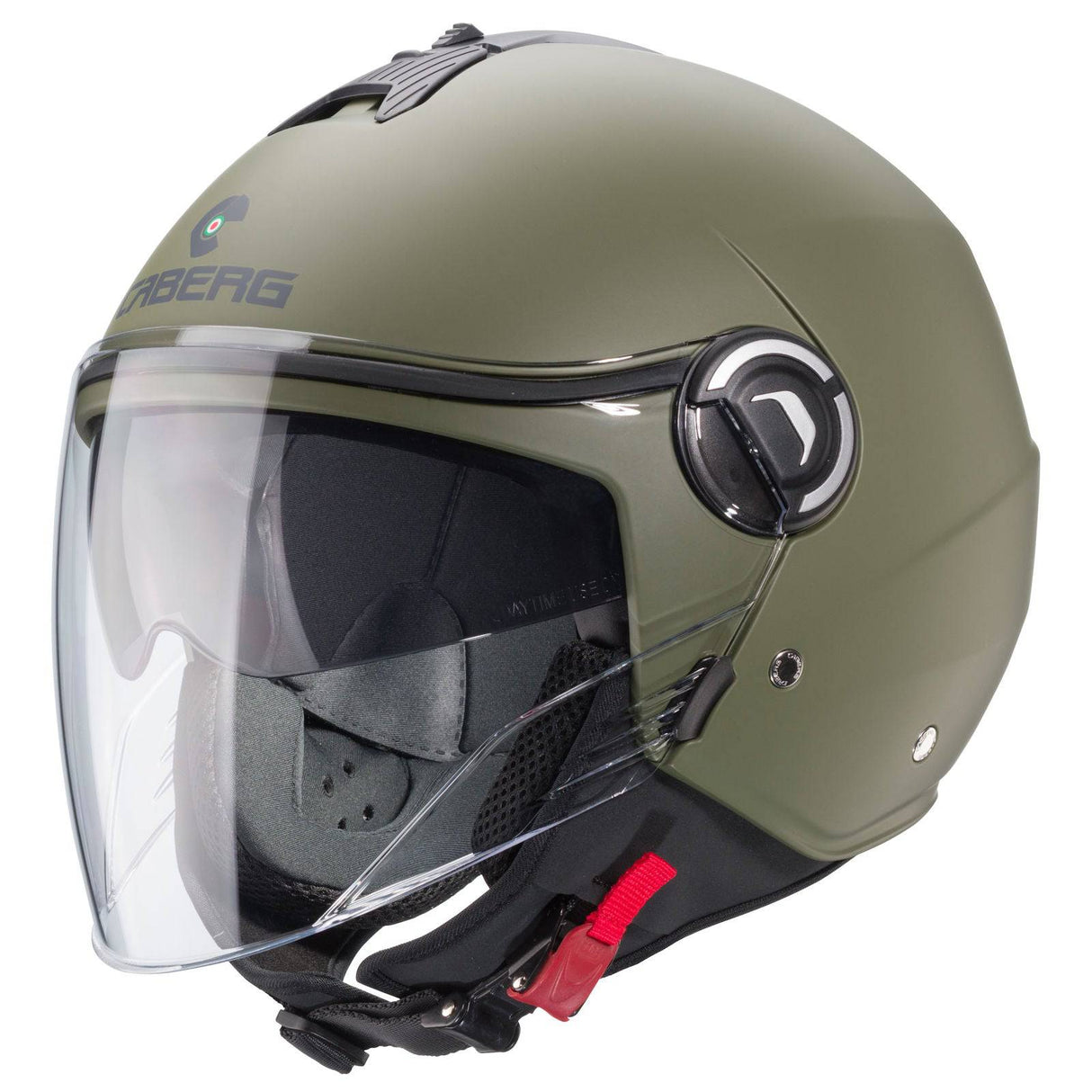 Matt-grüne Caberg Riviera V4 X Jethelm mit Visier und Belüftungsöffnungen, leichtes und modernes Design, perfekte Passform.