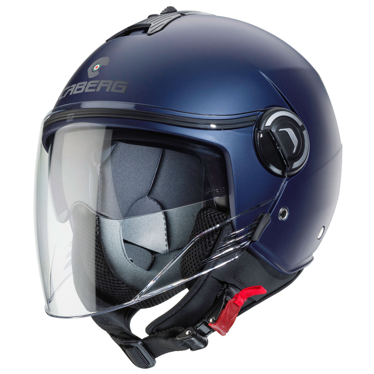 Matt-blauer Jethelm von Caberg Riviera V4 X mit Yama-Design, sichtbares Visier und komfortable Passform.