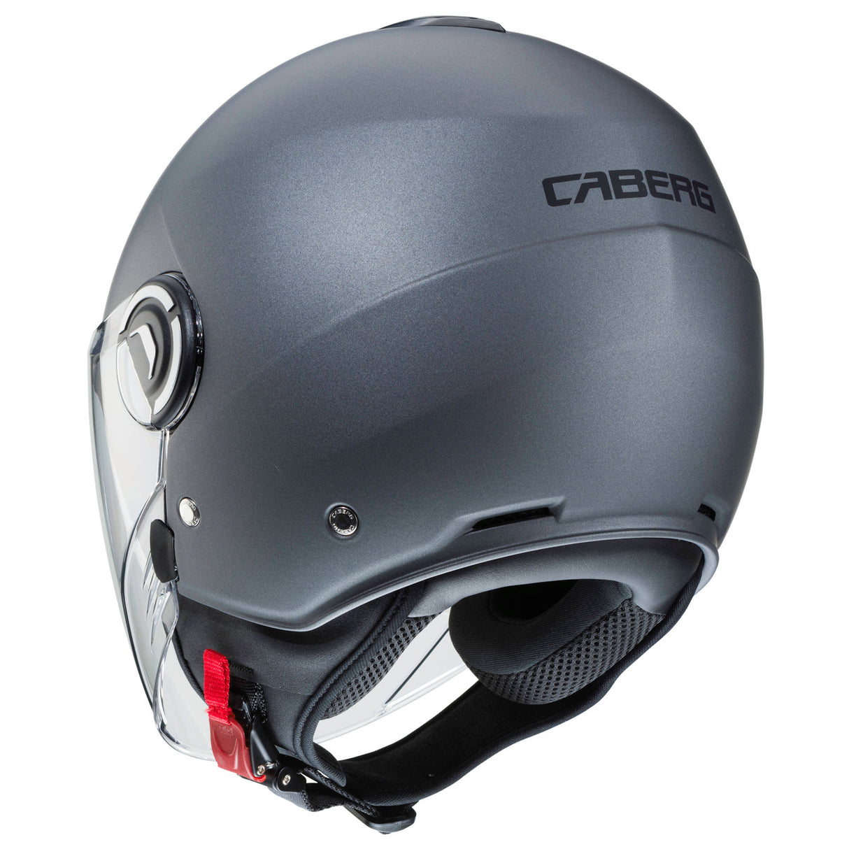 Matte gunmetal Caberg Riviera V4 X Jethelm mit aerodynamischem Design und komfortabler Passform, sichtbares Visier und Belüftung.