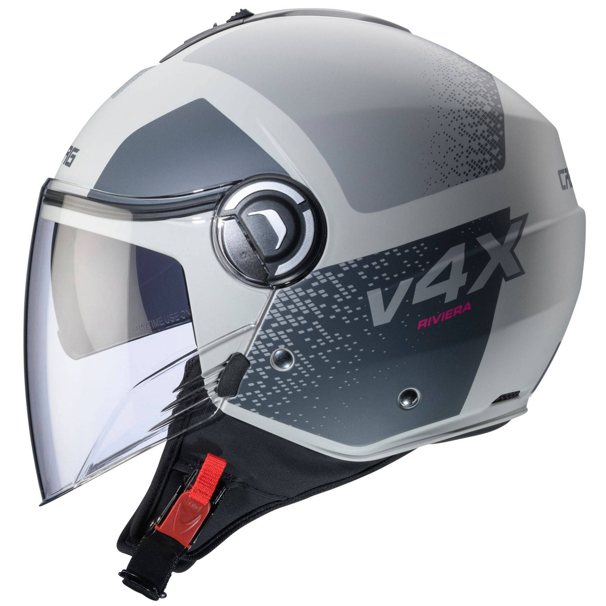 Matte Sand und Anthrazit-Grau Jethelm von Caberg Riviera V4 X Alpha mit Visier und Belüftungssystem.