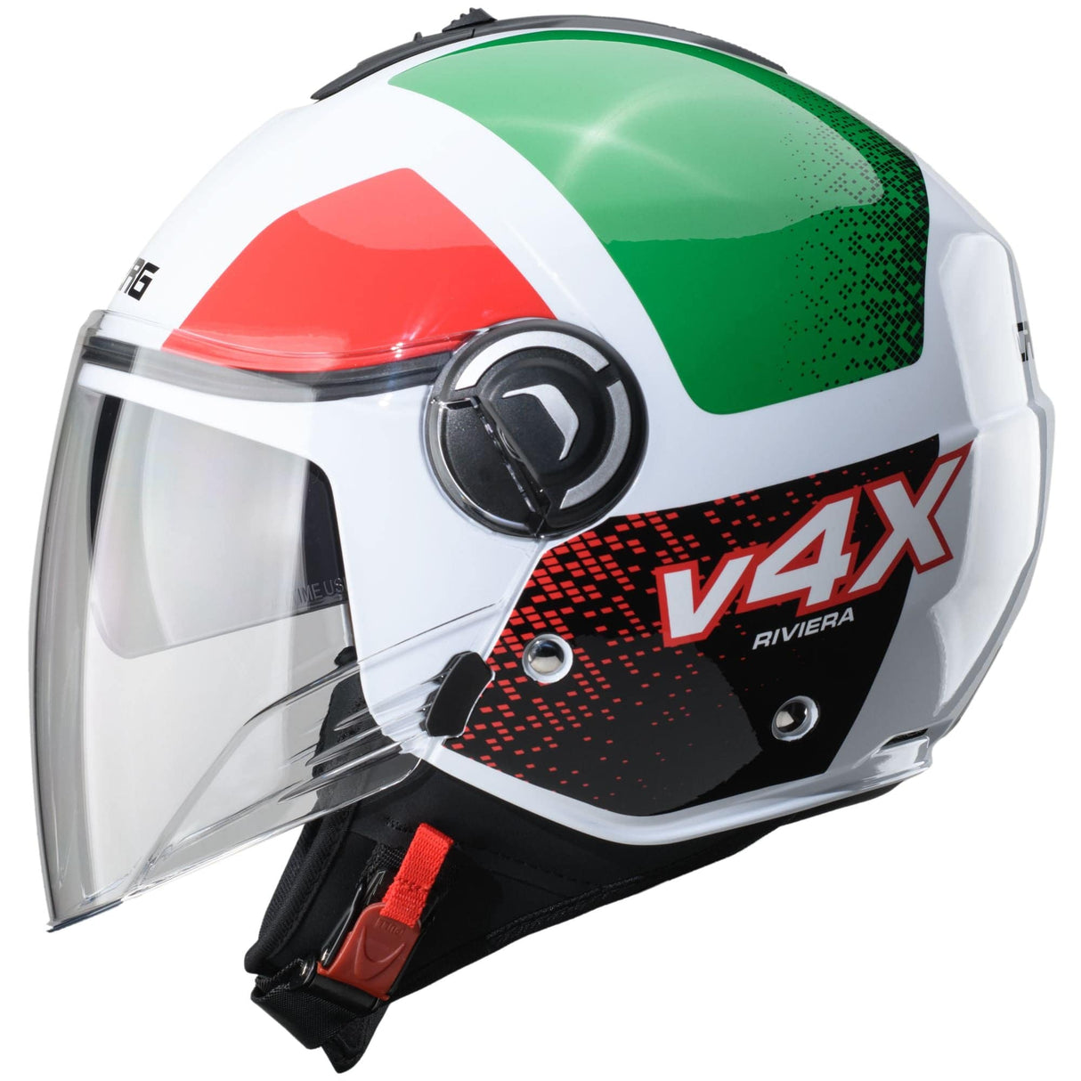Weiß-rotes und grünes Jethelm von Caberg Riviera V4 X Alpha Italia, bequemes Design, sichtbare Helmschale und Belüftungsöffnungen.