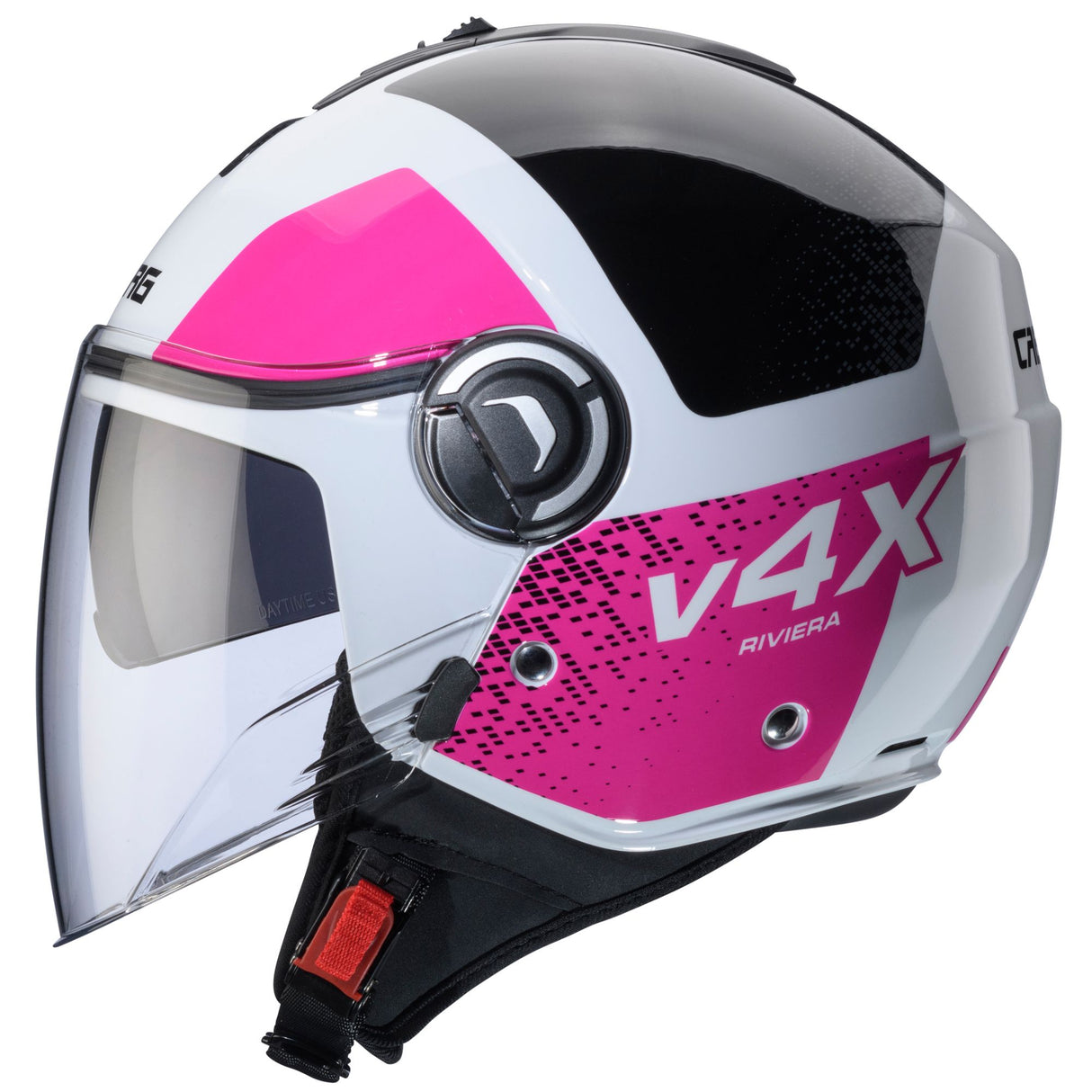 Weiß-schwarzer Fuchsia Caberg Jethelm Riviera V4 X Alpha mit klarem Visier, bequemes Design, optimaler Schutz und Stil.