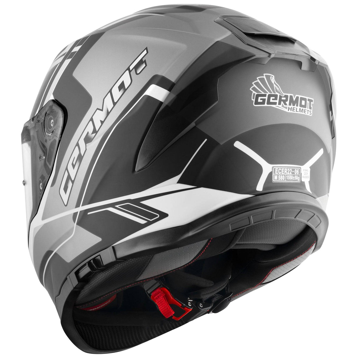 Germot Integralhelm GM 350 in mattschwarz, grau-weiß mit Visier und Belüftungsöffnungen, sicherer Schutz beim Motorradfahren