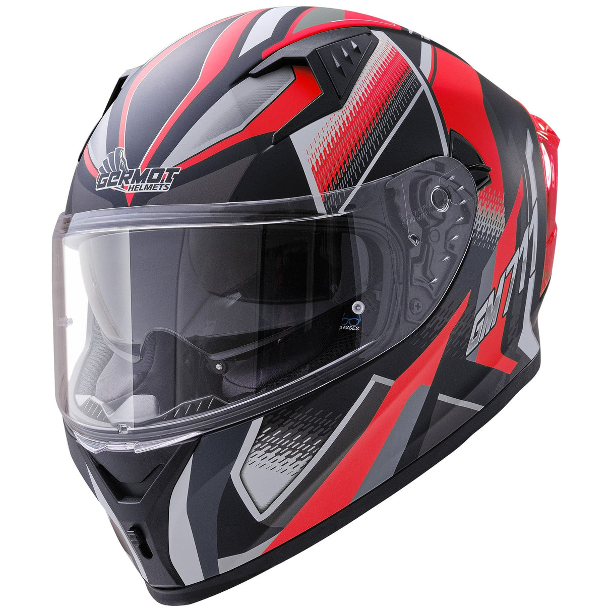Schwarz-roter Germot Integralhelm GM 711 mit mattem Finish, Sichtscheibe und Belüftungsöffnungen.