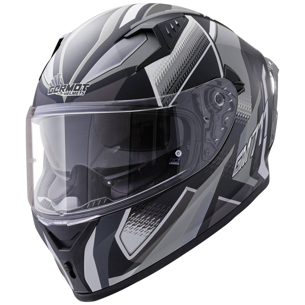 Matte schwarze und graue Germot Integralhelm GM 711 mit belüfteten Luftöffnungen und komfortablem Innenfutter.
