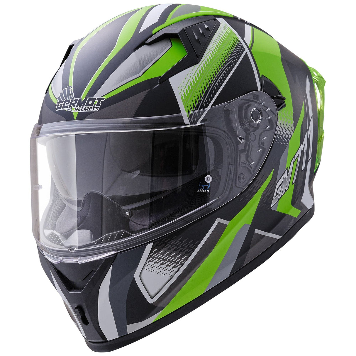 Germot Integralhelm GM 711 in mattschwarz und grün, leichter Schutzhelm für Motorradfahrer, mit Belüftungsöffnungen.