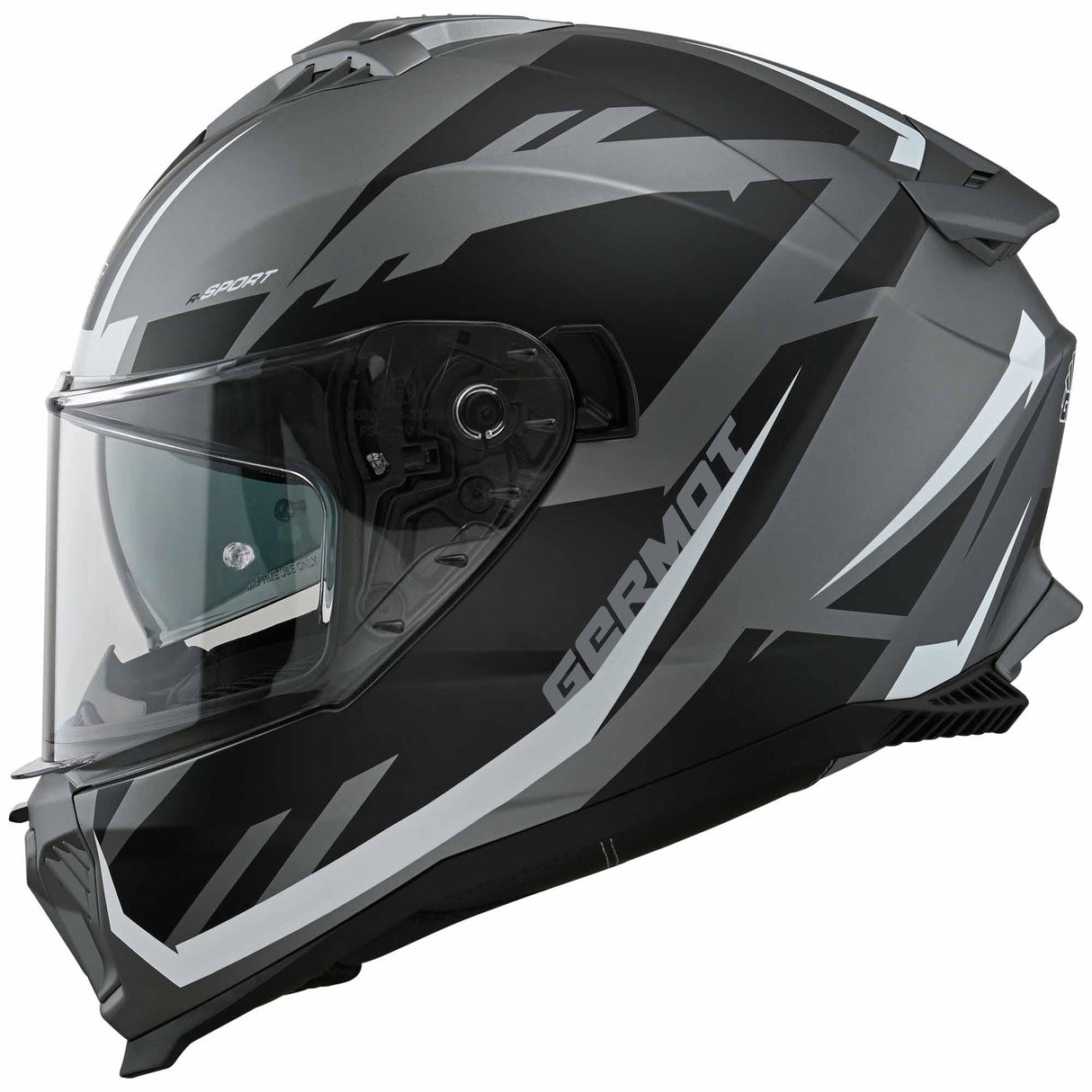 Germot Integralhelm GM 811 in mattschwarz mit silber-weißem Design, Visier und Belüftungsöffnungen sichtbar