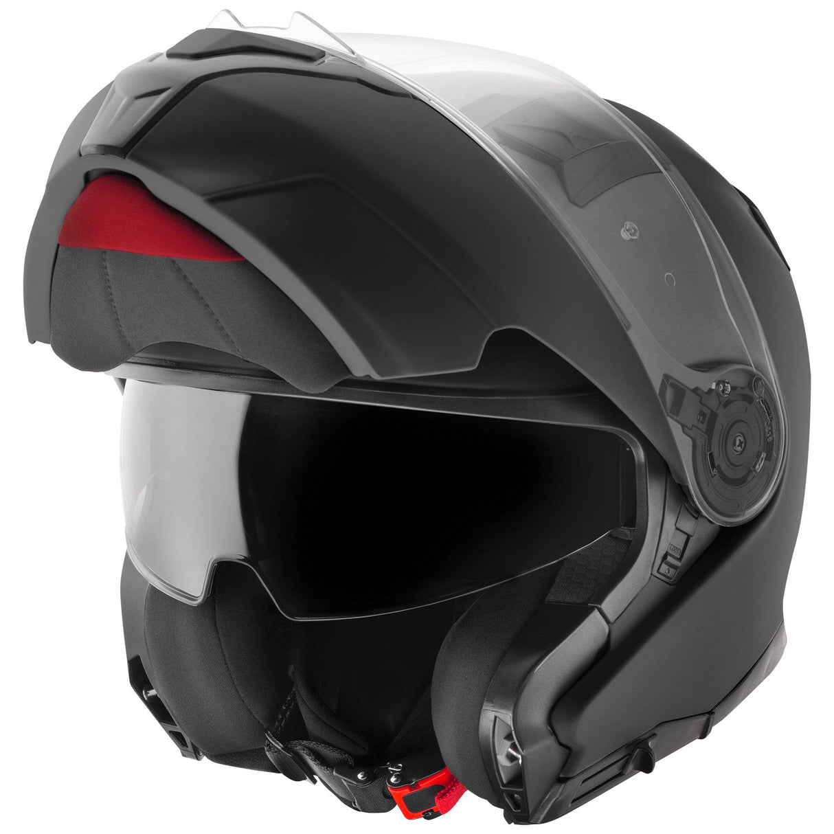 Germot Klapphelm GM 970 in matt-schwarz, mit Belüftungsöffnungen und schnellem Verschluss, auf einem Motorradhelm.