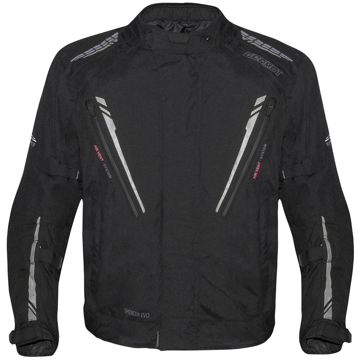 Schwarze und graue Germot Textiljacke Spencer Evo Herren, große Tourenjacke mit robustem Design, sichtbar mit Reißverschlüssen und Taschen