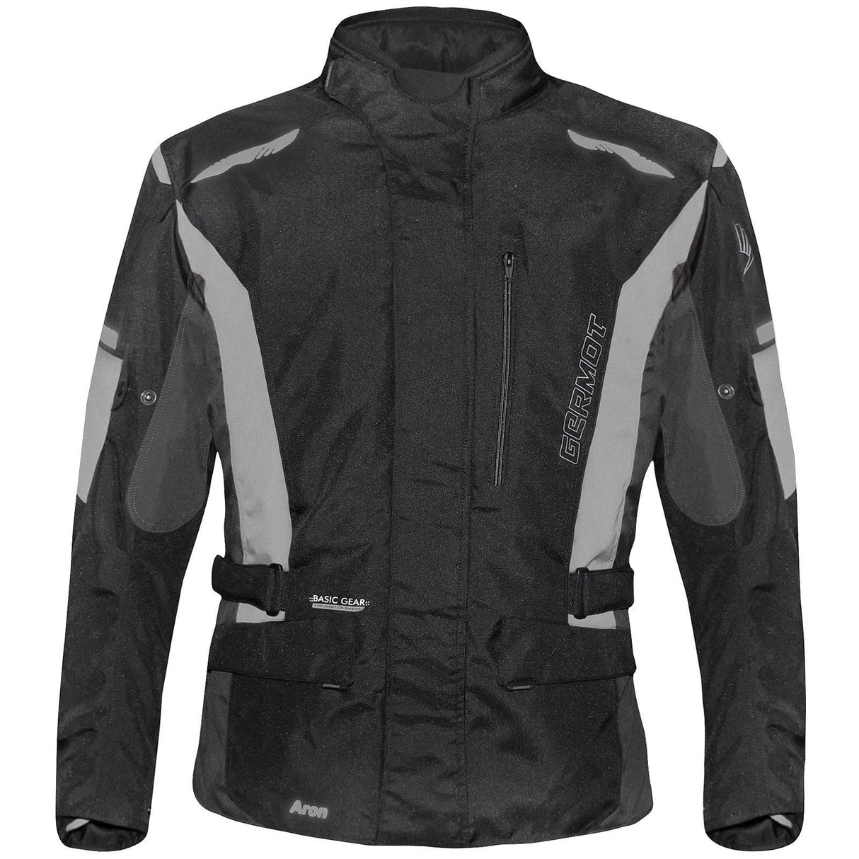 Schwarze und graue Germot Textiljacke Aron Herren, touring Jacke mit Reißverschlüssen und Belüftungsöffnungen, auf einem weißen Hintergrund.