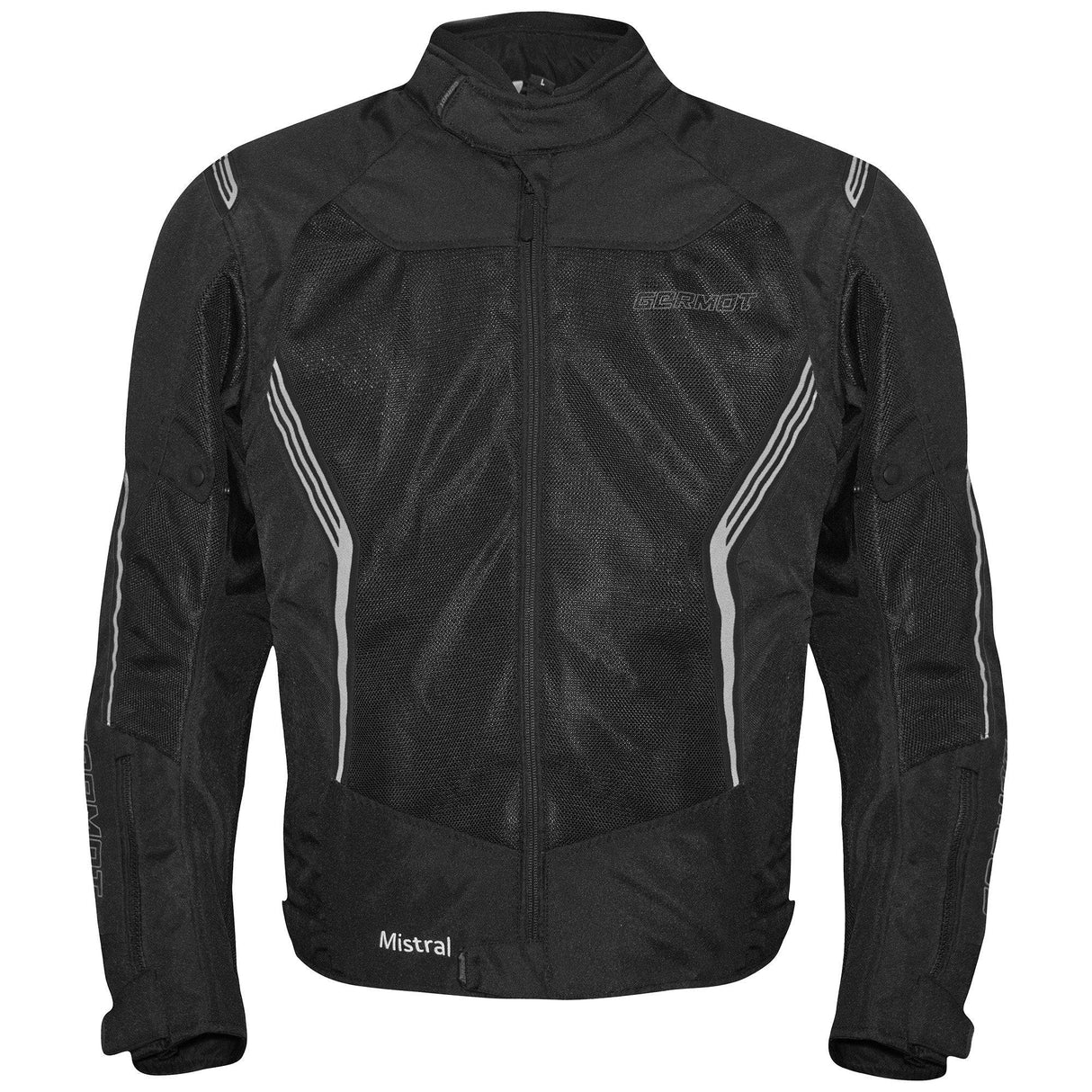 Schwarze Germot Textiljacke Mistral Herren, touring Jacke mit Reißverschluss und Komfortdetails, auf einem modellierten Bild.