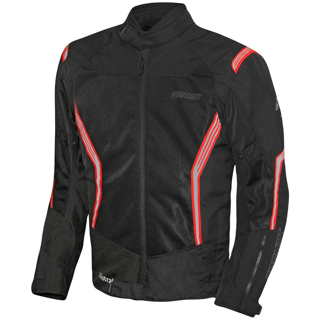 Schwarze und rote Germot Textiljacke Mistral Herren, touring Jacke mit Schutz und Reißverschlüssen, auf einem Kleiderbügel hängend