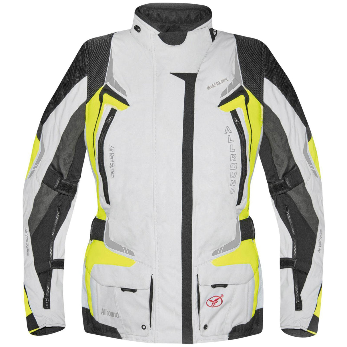 Leichte Damen-Textiljacke von Germot in Hellgrau und Gelb, ideal für Touren, mit reflektierenden Details und bequemer Passform.