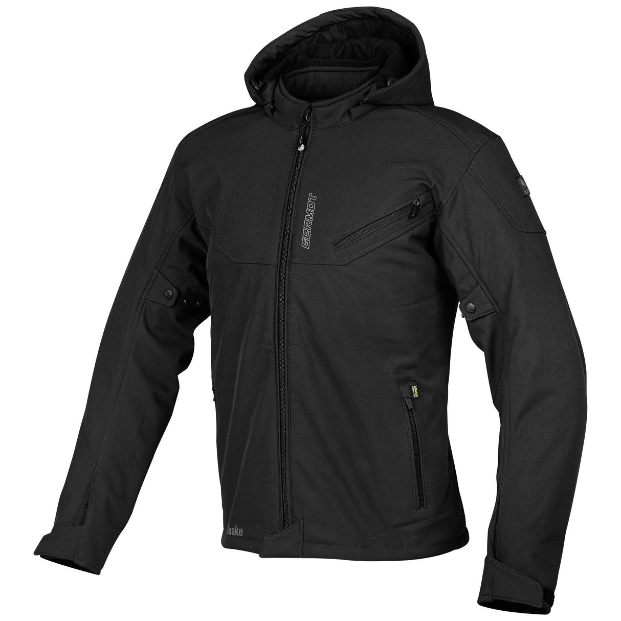 Schwarze Germot Softshelljacke Snake Herren, Jacken-Touring, mit wasserabweisendem Material und sportlichem Design, frontal sichtbar.