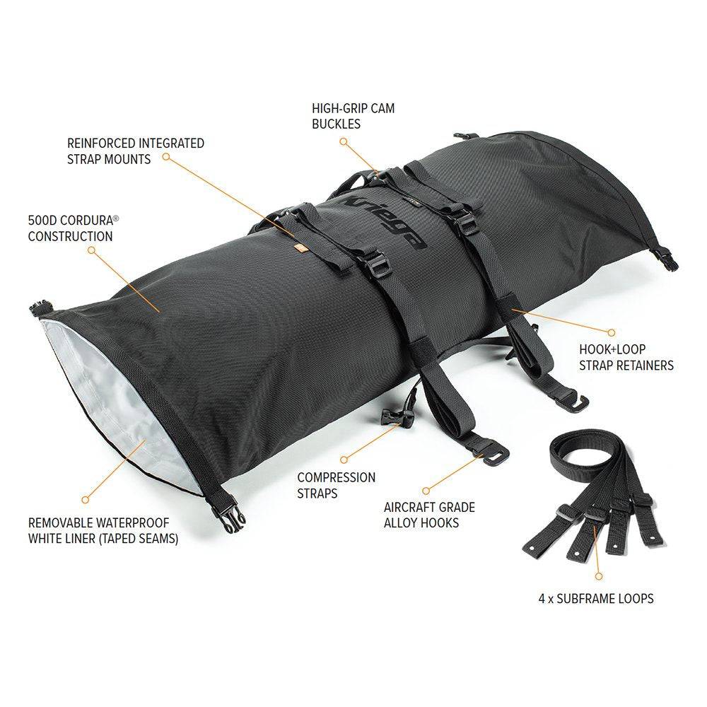 Kriega Rollpack-20 Coyote, schwarzer Rollpack mit verstellbaren Gurten und reflektierenden Details, für Motorradtouren und Gepäck.