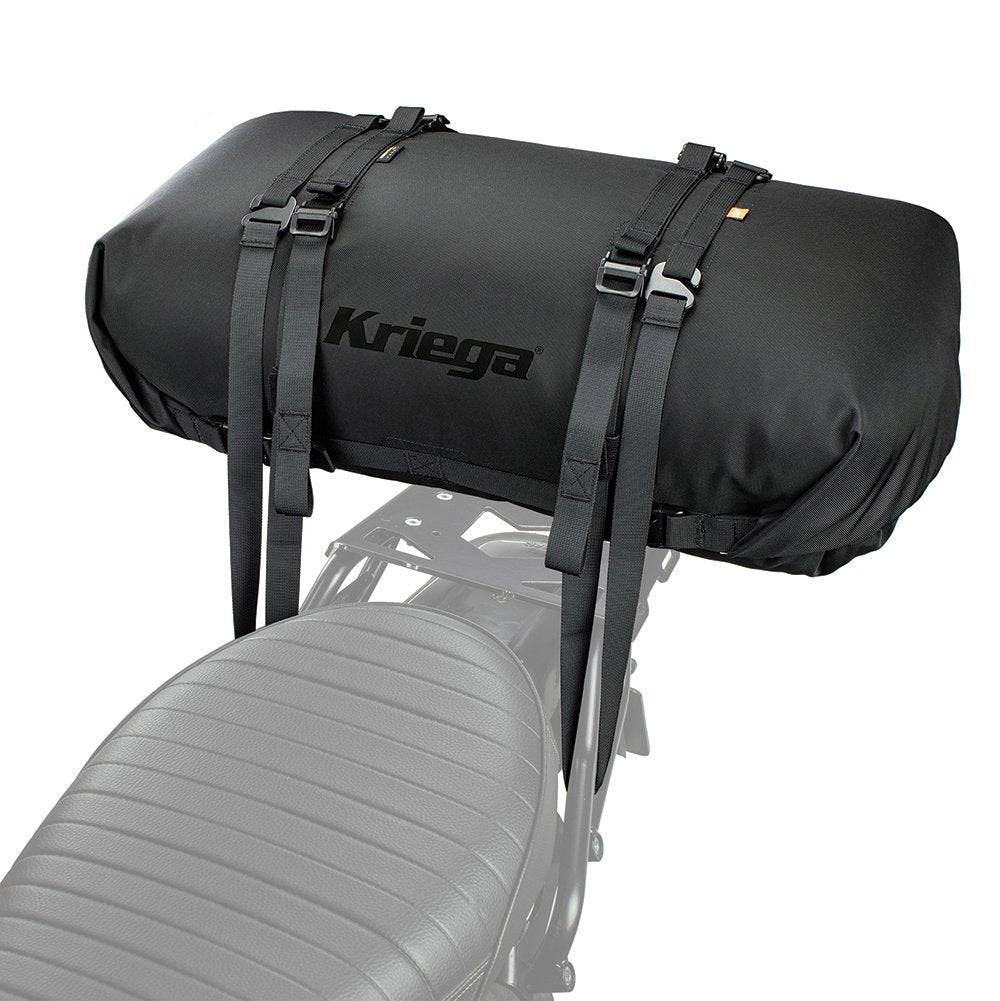 Schwarzer Kriega Rollpack-40 mit robustem Design und verstellbaren Gurten, ideal für Motorrad- und Outdoor-Aktivitäten.