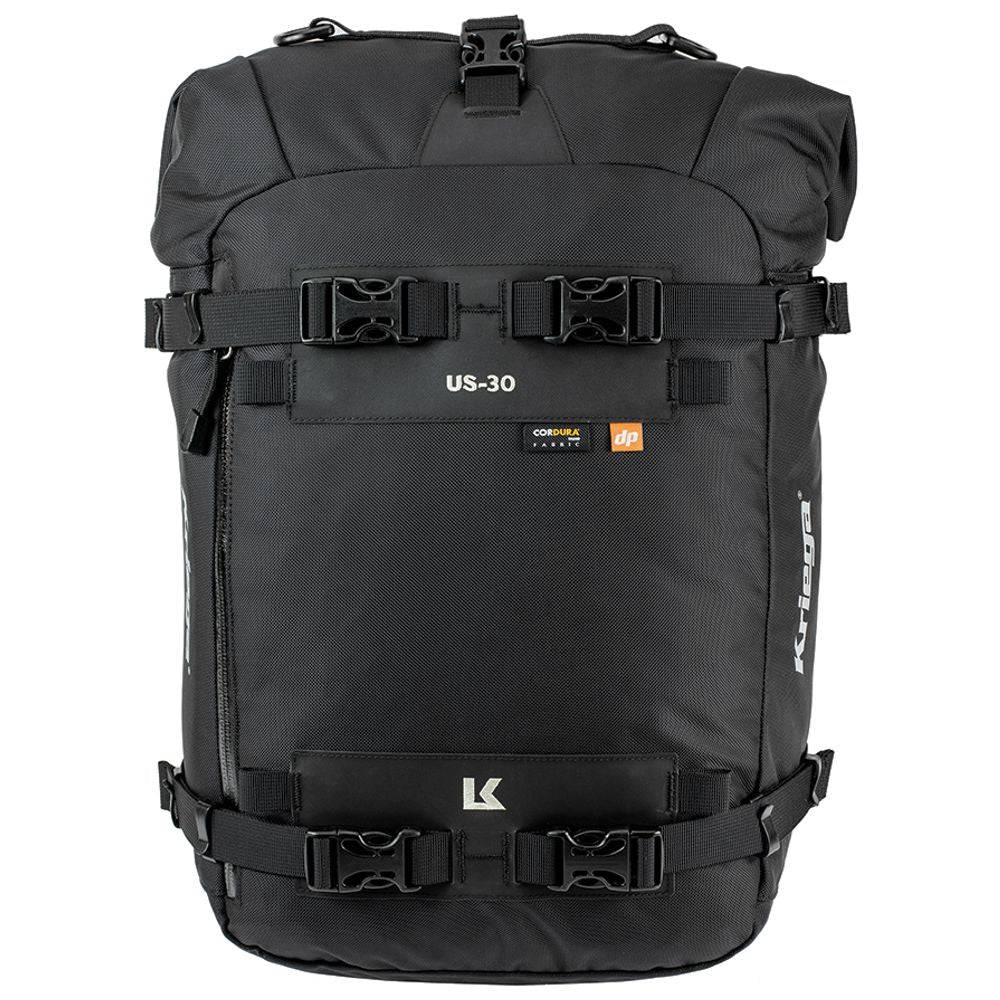 Robuste Kriega US-30 Drypack Taschen in schwarzer Farbe mit verstellbaren Gurten und wasserdichtem Material.