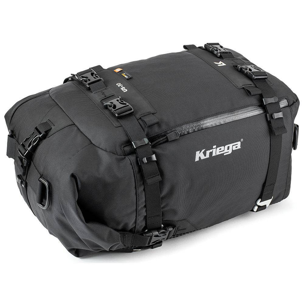 Kriega US-30 Drypack Tasche aus robustem Material mit Rollverschluss für wasserdichten Schutz, schwarz, auf einem Motorrad befestigt