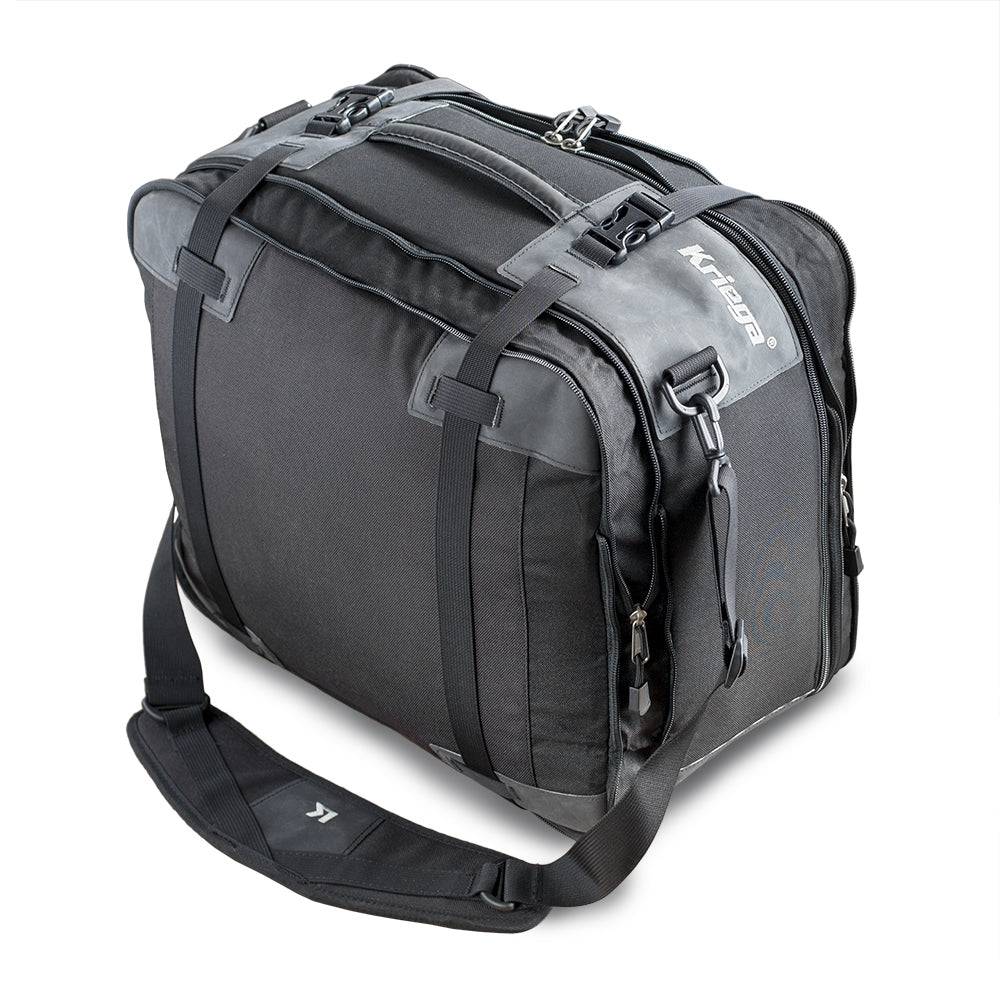 Robuste Kriega Travel Bag KS-40 für Motorradtaschen, Aluminiumkoffer, schwarzes, langlebiges Material, Seitenansicht mit Reißverschlüssen