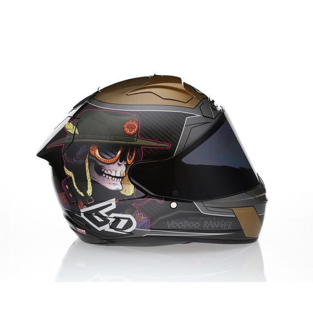 Schwarzer Integralhelm von 6D ATS-1R Voodoo Ranger mit Goldakzenten, glänzend, mit Visier und aerodynamischem Design.