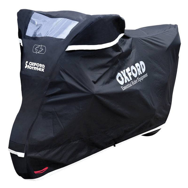 Schwarze Oxford Stormex Abdeckplane für Motorrad und Scooter, wetterfester Schutz, strapazierfähiges Outdoor-Design