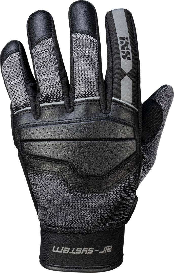 Schwarze und graue iXS Classic Evo-Air Handschuhe, atmungsaktiv und strapazierfähig für Motorradsport.