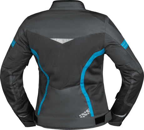 Dunkelgraue iXS Sport Damen Tourenjacke Trigonis-Air mit Türkis-Details, atmungsaktiv und sportlich für Motorradtouren