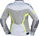 Hellegraue und neon gelbe iXS Tourenjacke für Damen, Trigonis-Air, mit atmungsaktivem Material und sportlichem Design.