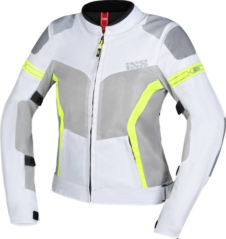 Hellegraue Damen-Touring Jacke iXS Sport Trigonis-Air mit Neon-Gelb-Details und reflektierenden Elementen, wind- und wasserabweisend