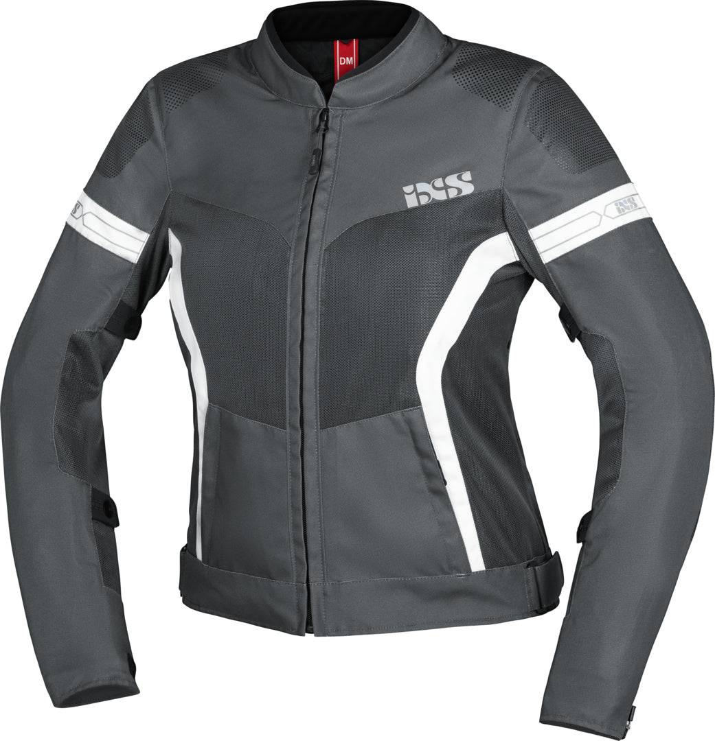 Dunkelgraue Damen Tourenjacke iXS Sport Trigonis-Air mit weißen und grauen Akzenten, sportliches Design, wind- und wasserabweisend