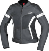 Dunkelgraue Damen Tourenjacke iXS Sport Trigonis-Air mit weißen und grauen Akzenten, sportliches Design, wind- und wasserabweisend