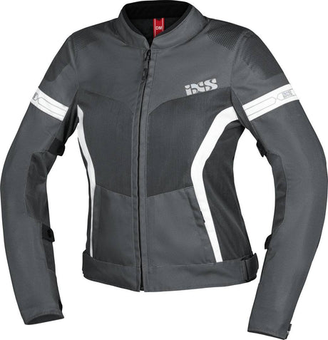 Dunkelgraue Damen Tourenjacke iXS Sport Trigonis-Air mit weißen und grauen Akzenten, sportliches Design, wind- und wasserabweisend