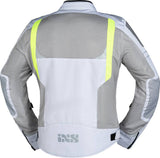 Hellegraue und neon gelbe iXS Sport Jacke Trigonis-Air mit Touring-Design, sichtbar auf einem Modell.