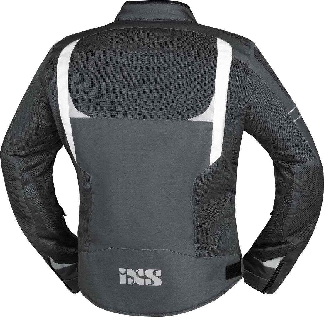 Dunkelgraue iXS Sport Tourenjacke Trigonis-Air mit weißen Akzenten, atmungsaktives Material und reflektierende Details.