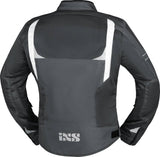 Dunkelgraue iXS Sport Tourenjacke Trigonis-Air mit weißen Akzenten, atmungsaktives Material und reflektierende Details.