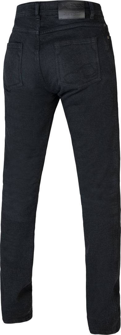 Schwarze iXS Classic AR Damen Jeans Clarkson, klassische Hose aus Denim, detailreiche Nahaufnahme des Designs.