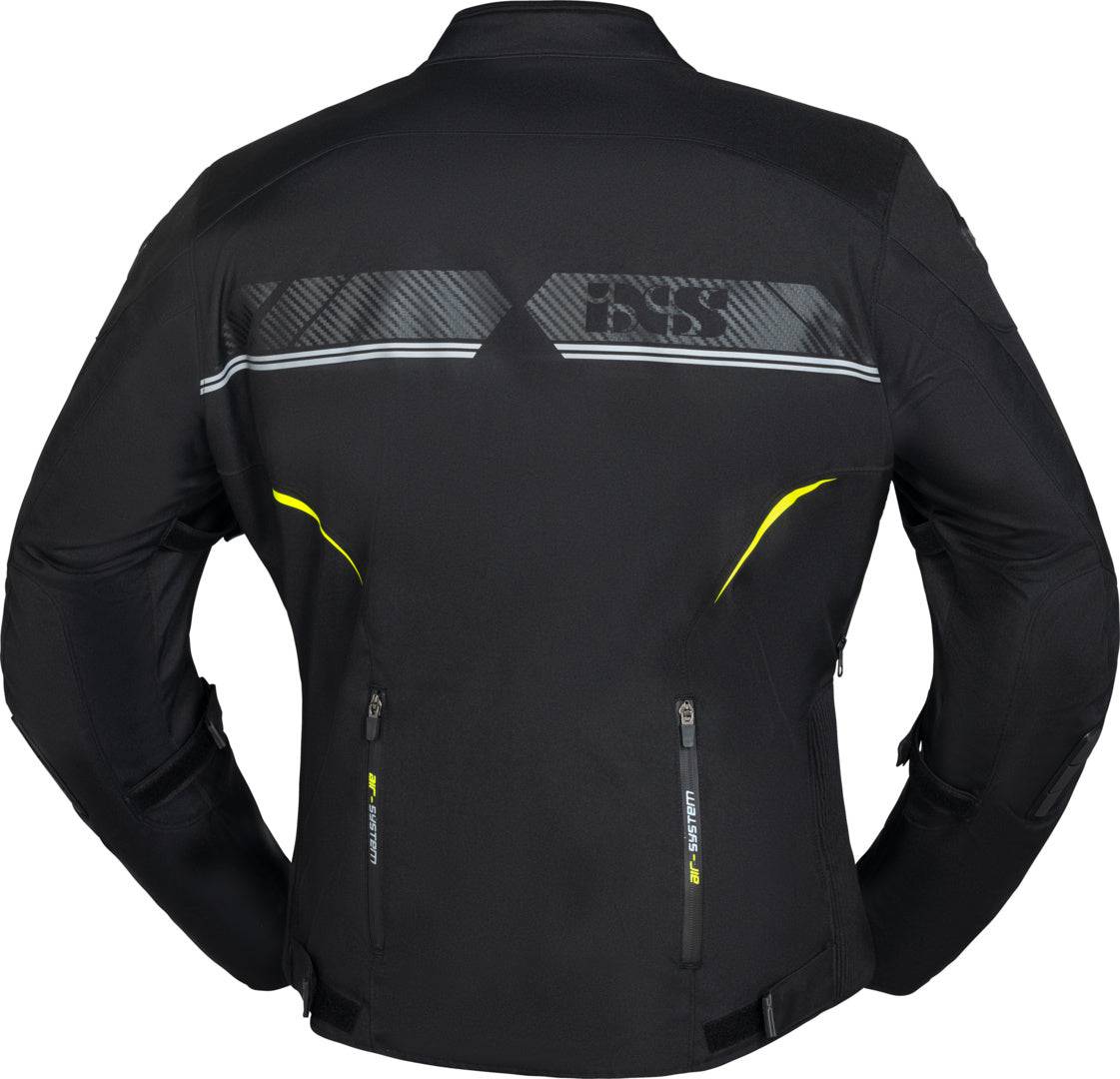 Schwarze iXS Sport Jacke Carbon-ST für Touring, detaillierte Nahaufnahme der sportlichen Motorradjacke mit Schutzfunktionen.
