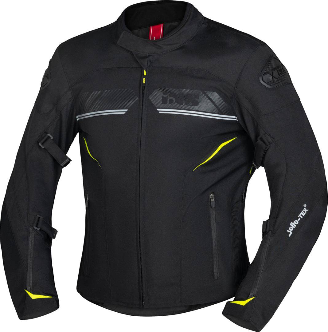 Schwarze iXS Sport Tourenjacke Carbon-ST aus robustem Material, sichtbar mit Reißverschlüssen und sportlichem Design.