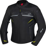 Schwarze iXS Sport Tourenjacke Carbon-ST aus robustem Material, sichtbar mit Reißverschlüssen und sportlichem Design.